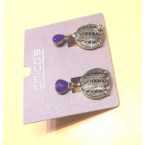 CHICO'S Gold Violet Purple Round Filigree Dangle Drop Post Earrings ~ NEW - Picture 2 of 5